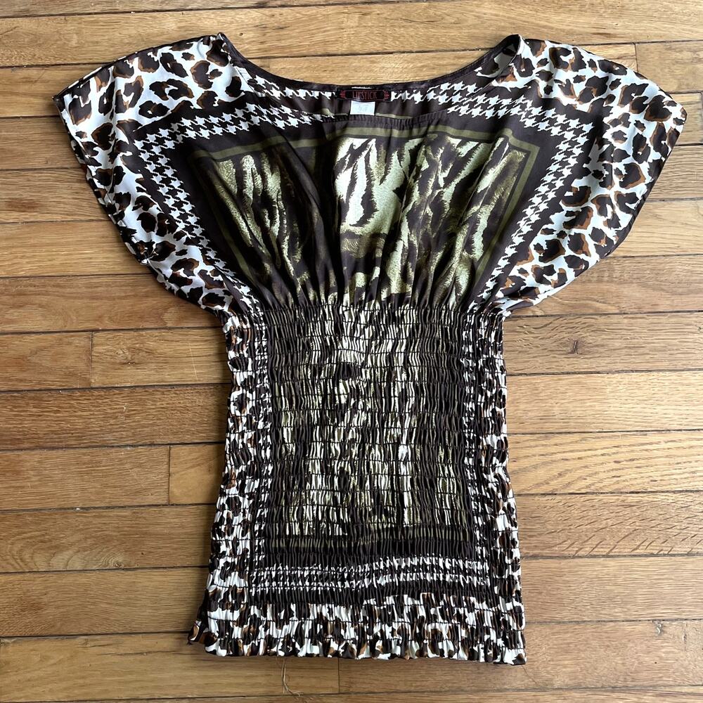 Vtg Y2K Lipstick Brand Going Out Top Sz S Brown & Green Animal Print Clubwear